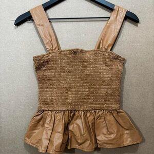 Elegant Tan Smocked Peplum Blouse